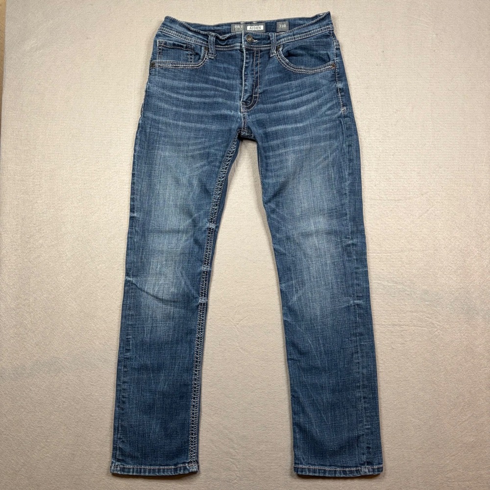 BKE Aiden Straight Leg Mens Jeans 33R Medium Wash Contrast‎ Stitch Denim
